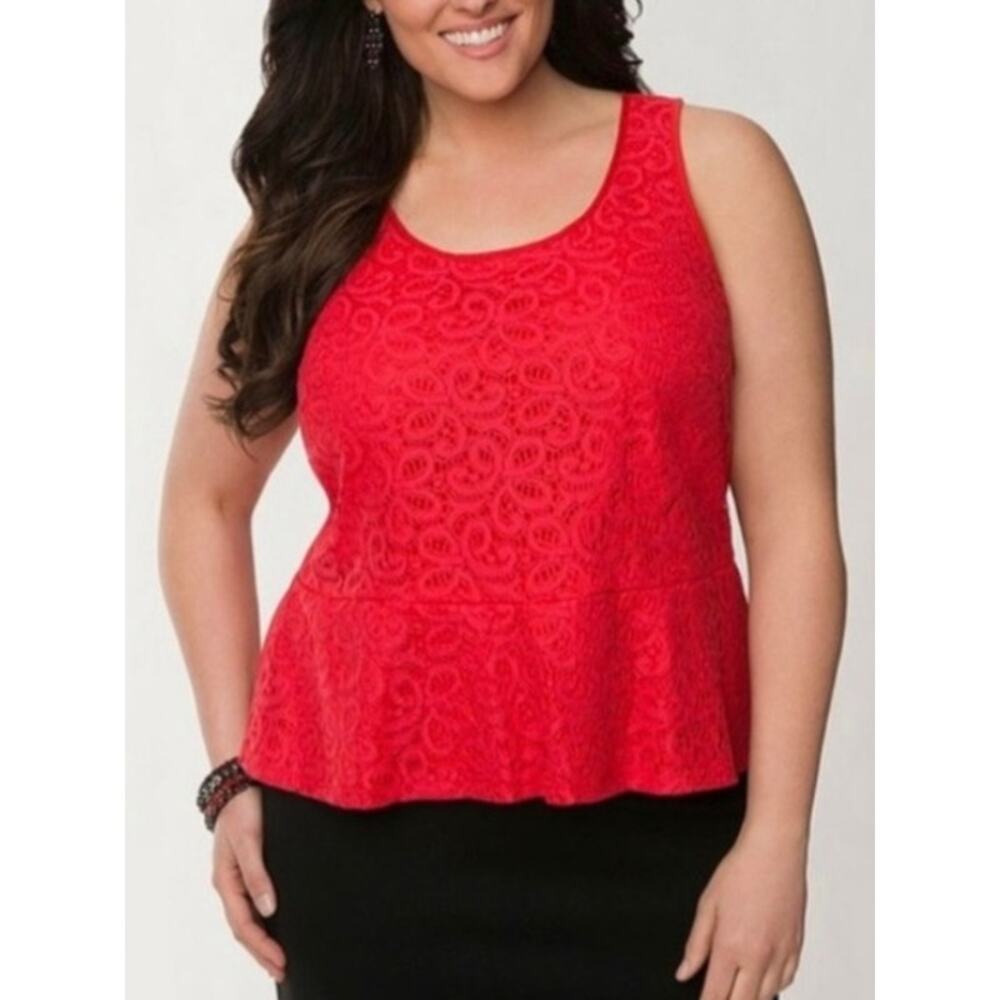 Women Lane Bryant Red Floral Lace Peplum Tank Top Blouse Career Cocktail Holiday